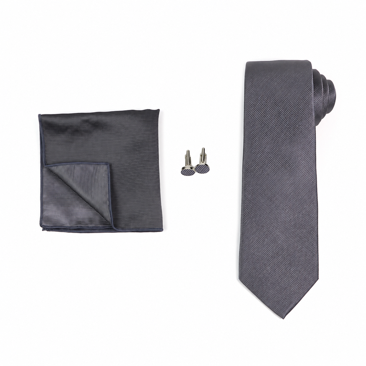 Charcoal Gray Necktie, Pocket Square & Cufflinks Set for Men