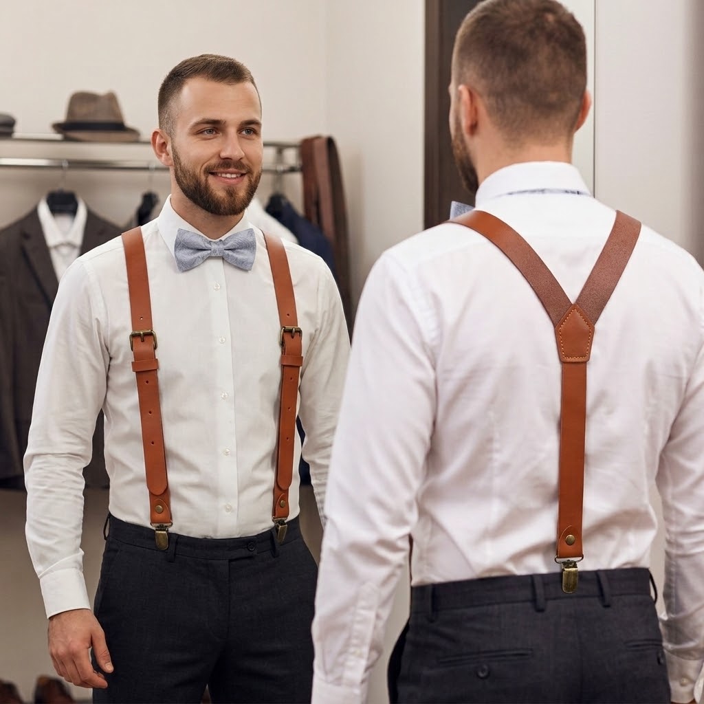 Brown Leather Suspender and Dusty Blue Bow Tie Set