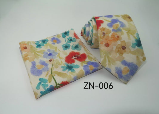Floral Tie and Pocket Square Set for Men – Slim Cotton Wedding Necktie & Hanky Set