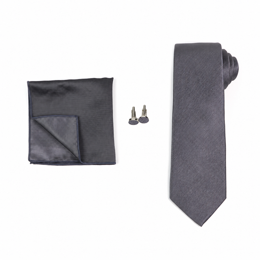 Charcoal Gray Necktie, Pocket Square & Cufflinks Set for Men
