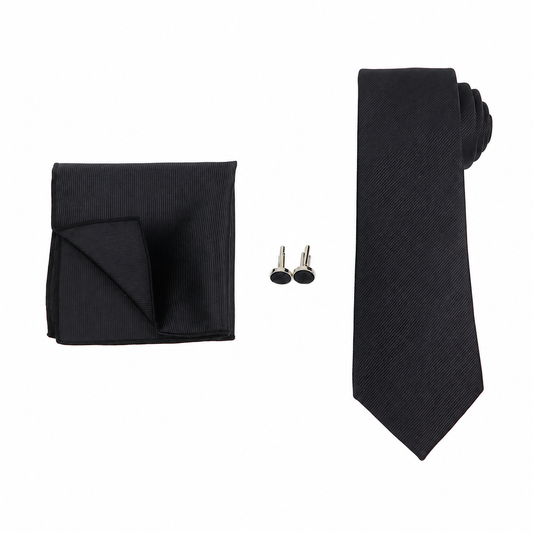 Black Necktie, Pocket Square & Cufflinks Set for Men