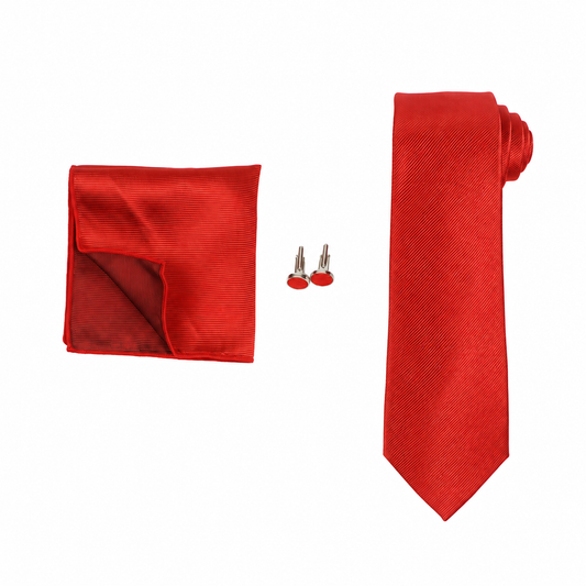 Red Necktie, Pocket Square & Cufflinks Set for Men