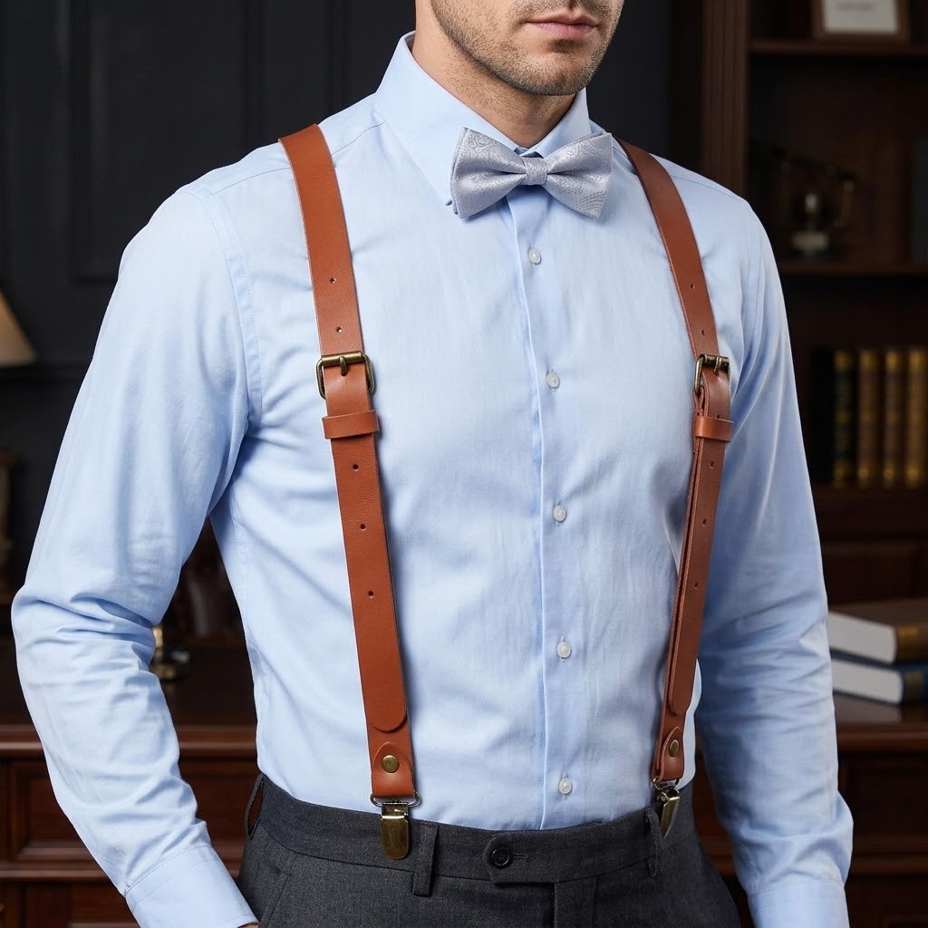 Brown Leather Suspender and Dusty Blue Bow Tie Set