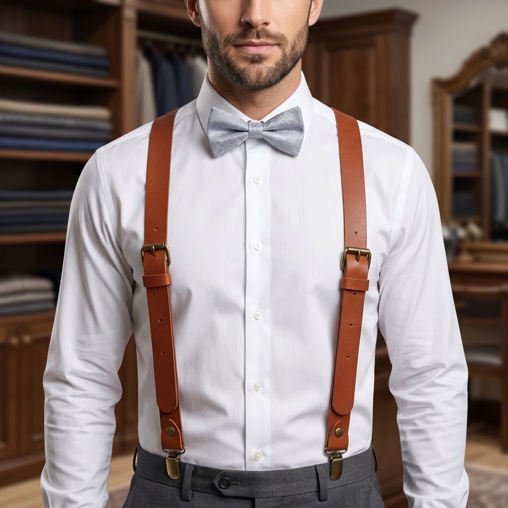 Brown Leather Suspender and Dusty Blue Bow Tie Set