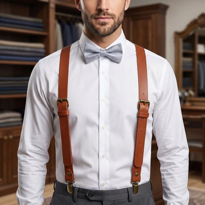 Brown Leather Suspender and Dusty Blue Bow Tie Set