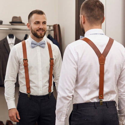 Brown Leather Suspender and Dusty Blue Bow Tie Set