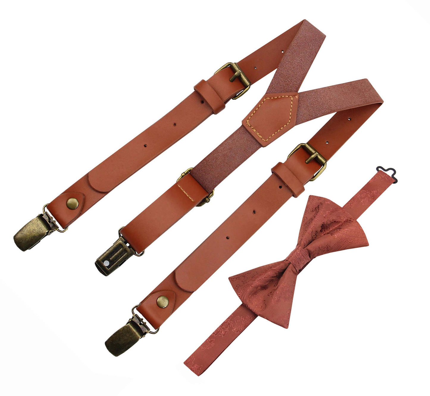 Cinnamon Bow Tie and Brown Leather Suspender Set