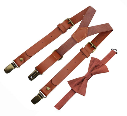 Cinnamon Bow Tie and Brown Leather Suspender Set