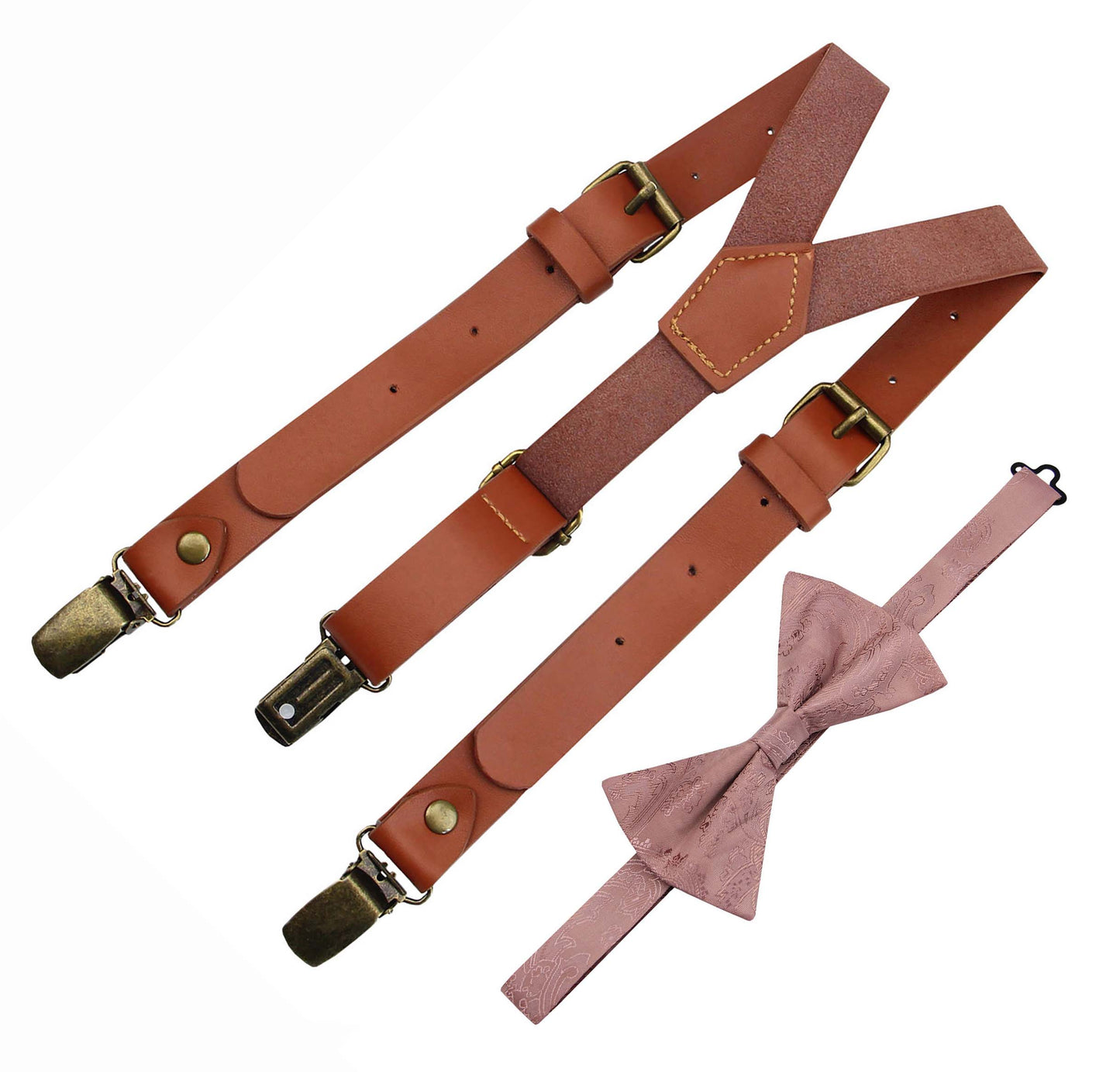 Brown Leather Suspender and Dusty Rose Bow Tie Set