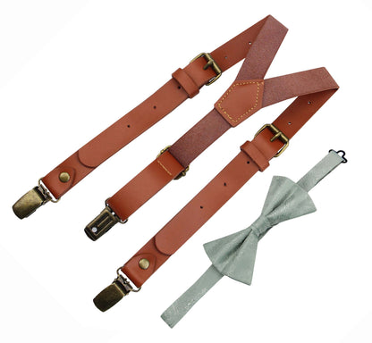 Red Brown Leather Suspenders and Dusty sage Bow Tie Set