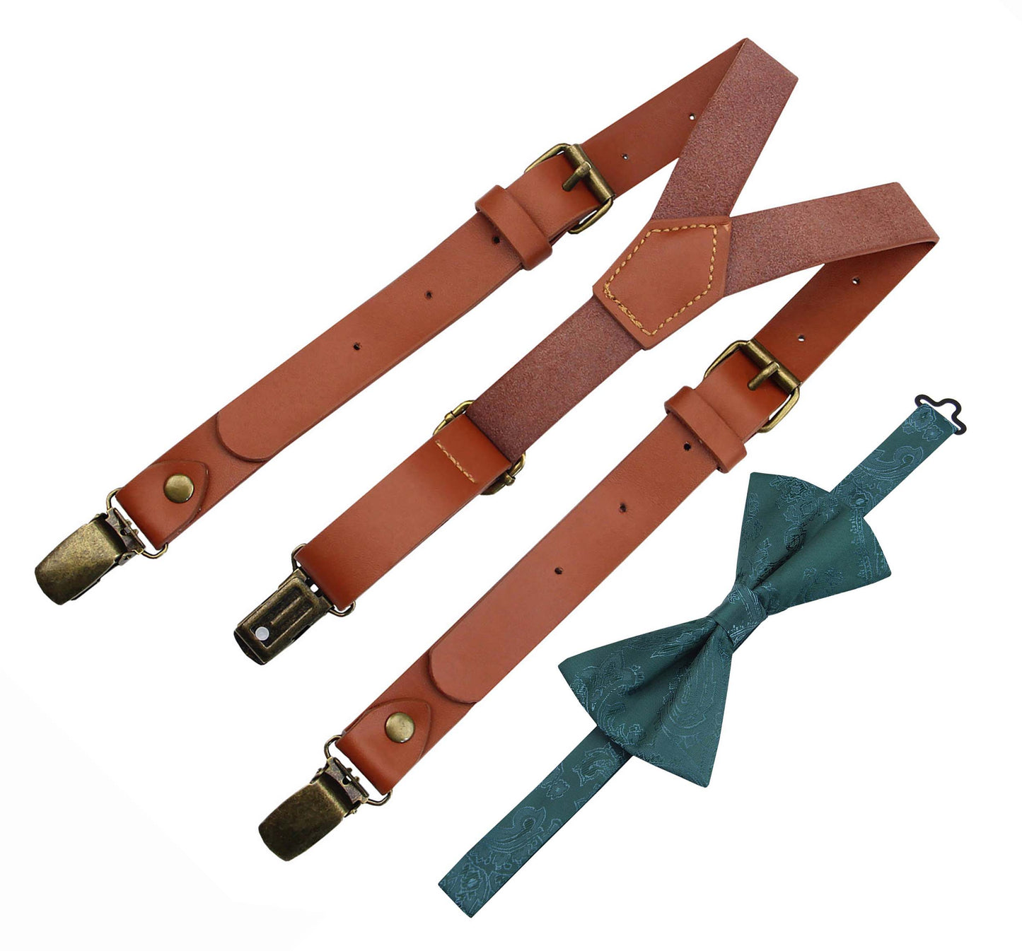 Red Brown Leather Suspenders and Gem Bow Tie