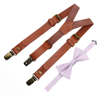 Red Brown Leather Suspenders and Iris Bow Tie