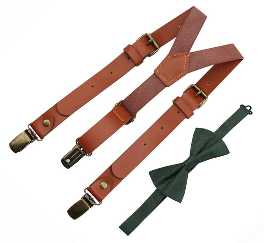 Mens's Red Brown Leather Suspenders and Dark Green Bow Tie Set