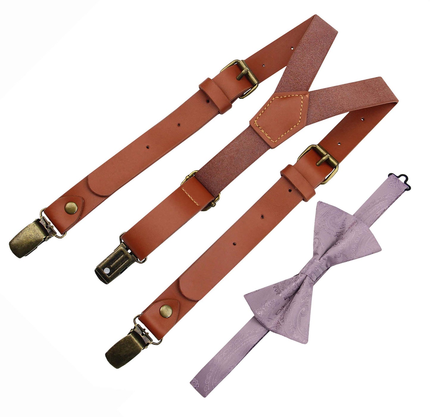 Mens's Red Brown Leather Suspenders and Lavender Bow Tie Set