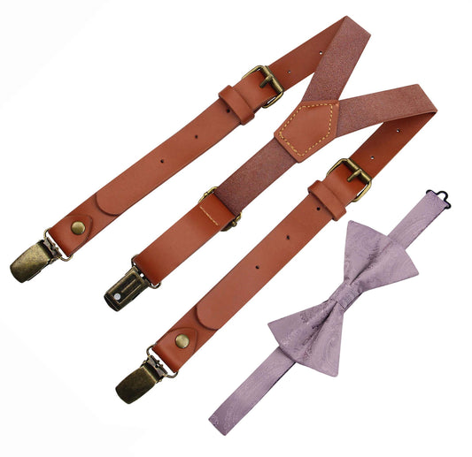 Mens's Red Brown Leather Suspenders and Lavender Bow Tie Set