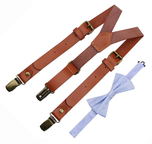 Mens's Red Brown Leather Suspenders and Light Blue Bow Tie Set