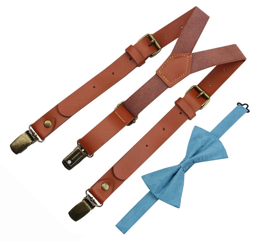 Mens's Red Brown Leather Suspenders and Malibu Blue Bow Tie Set