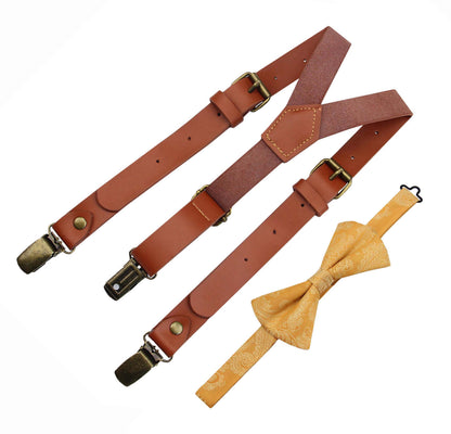 Marigold Bow Tie and Russet  Leather Suspender Set