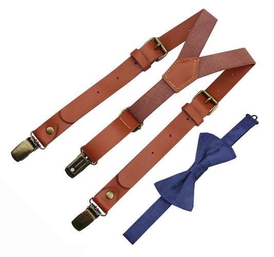 Mens's Red Brown Leather Suspenders and Navy  Bow Tie Set
