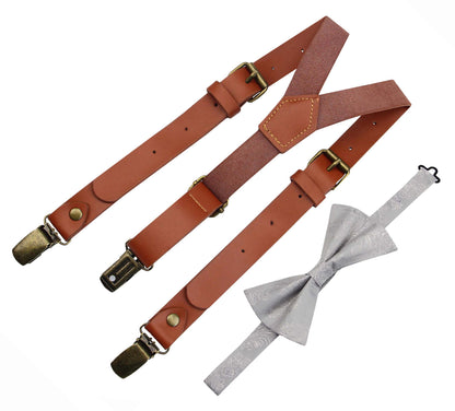 Mens's Red Brown Leather Suspenders and Sliver Bow Tie Set