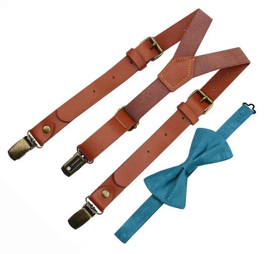 Mens's Red Brown Leather Suspenders and Oasis Bow Tie Set