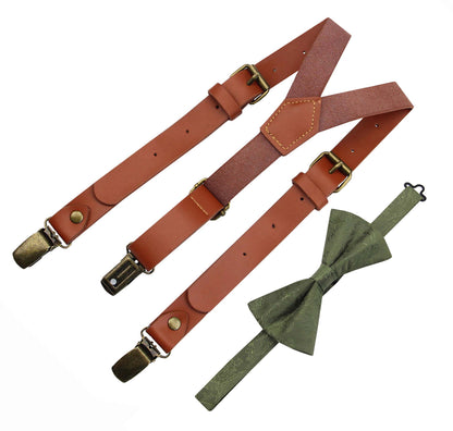 Mens's Red Brown Leather Suspenders and Olive Bow Tie Set